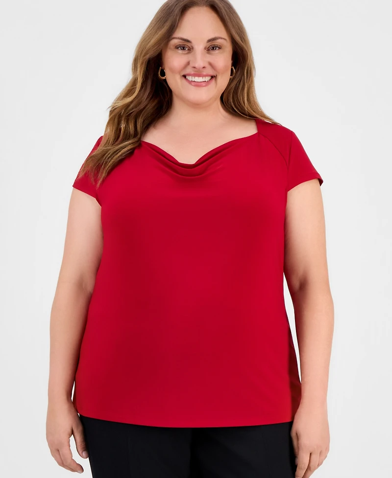 Kasper Plus Cowlneck Cap-Sleeve Top