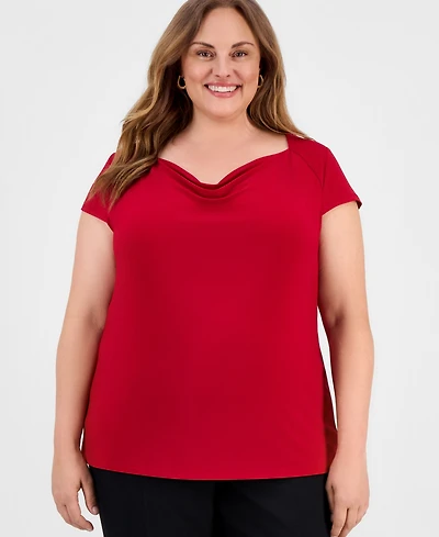 Kasper Plus Cowlneck Cap-Sleeve Top