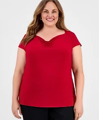 Kasper Plus Cowlneck Cap-Sleeve Top