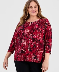 Kasper Plus Printed 3/4-Sleeve Pleated-Neck Top