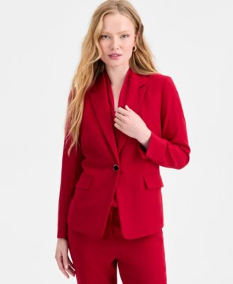 Kasper Womens Stretch Crepe One Button Jacket Tie Neck Sleeveless Top Straight Leg Pant