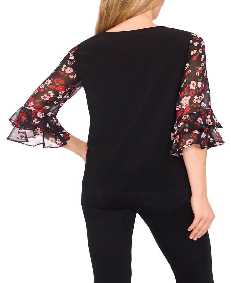 Cece Women's Double Ruffle 3/4 Sleeve Mixed Media Top