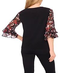 Cece Women's Double Ruffle 3/4 Sleeve Mixed Media Top