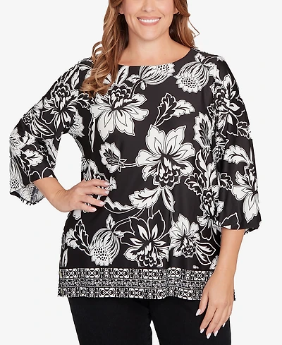 Ruby Rd. Plus Floral Geo Border Knit Top