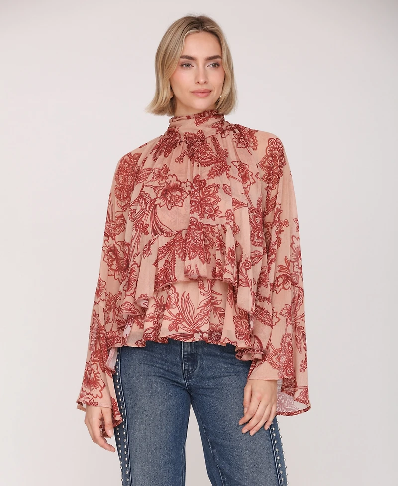 Avec Les Filles Women's Printed Tie Neck Top