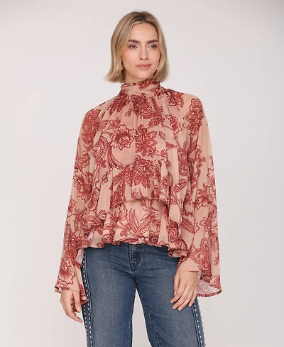 Avec Les Filles Women's Printed Tie Neck Top