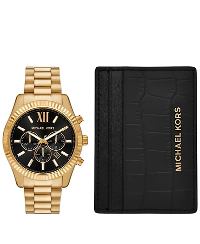 Michael Kors Men's Lexington Chronograph Gold-Tone Stainless Steel Watch Set, 44mm
