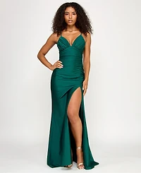 Katia Rae Juniors' Sleeveless Lace-Up-Back Gown