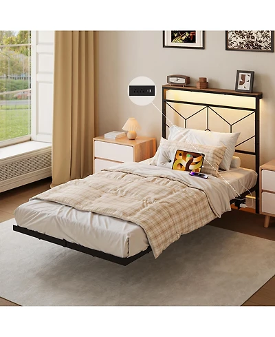 Hausource Twin Size Floating Bed Frame with Led Headboard & Charging Station No Box Spring Needed