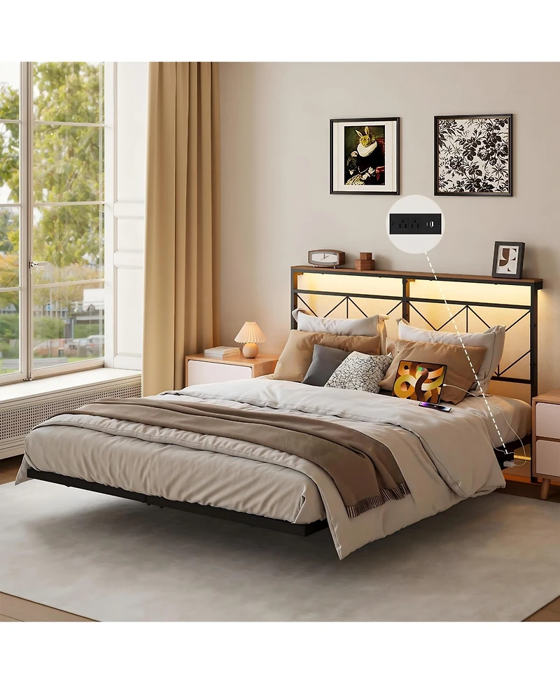 Hausource Full Size Floating Bed Frame with Led Headboard & Charging Station No Box Spring Needed