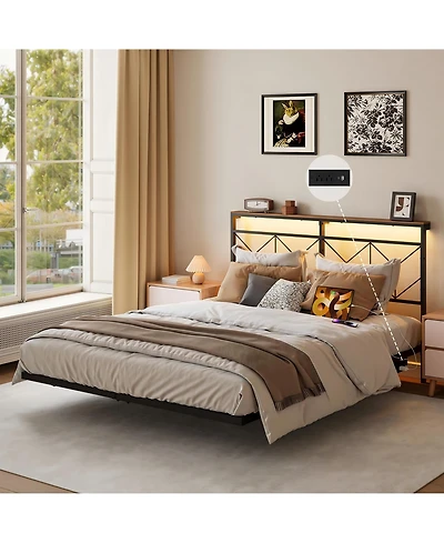 Hausource Full Size Floating Bed Frame with Led Headboard & Charging Station No Box Spring Needed