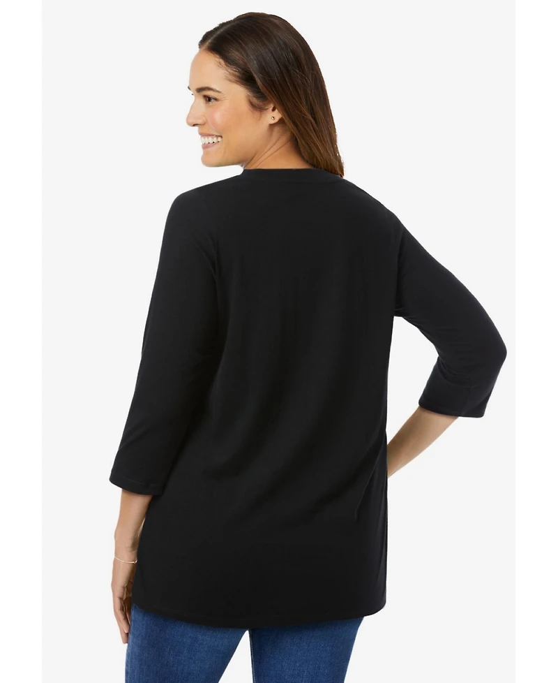 Woman Within Plus Perfect Three-Quarter Sleeve V-Neck Tee