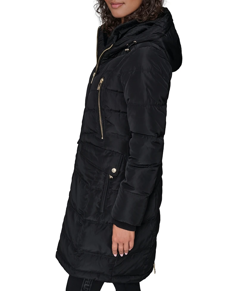 Karl Lagerfeld Paris Women's Hooded Luxe Twill Detail Puffer Coat