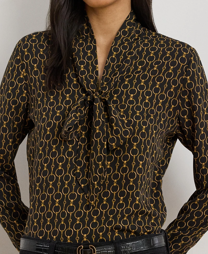 Lauren Ralph Women's Chain-Print Tie-Neck Blouse