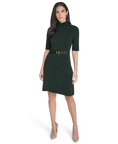 Jessica Howard Women's Turtle Neck Elbow Sleeve Belted Dress
