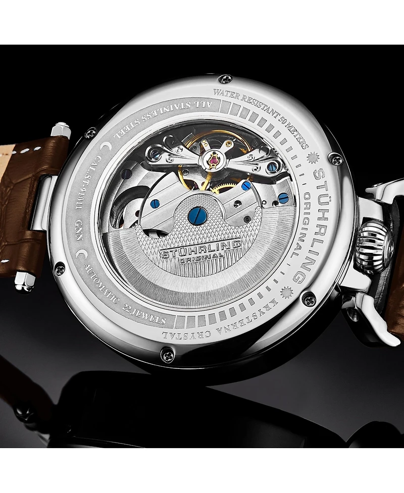 Men's Automatic Dual Time Alloy Case Skeleton Dial Alligator Embossed Genuine Leather Strap Watch