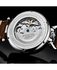 Men's Automatic Dual Time Alloy Case Skeleton Dial Alligator Embossed Genuine Leather Strap Watch