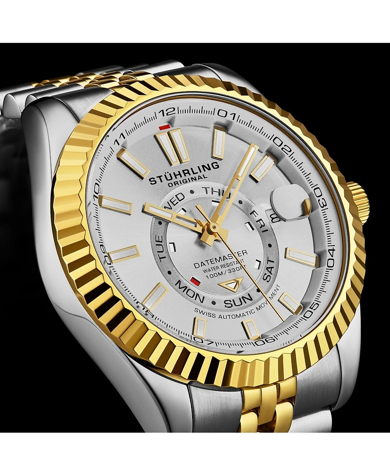 Stuhrling Datemaster Ii Men s Swiss Automatic 42mm Two-Tone Stainless Steel Watch, Silver Dial, Fluted Bezel, Day & Date, 100M Water Resistant