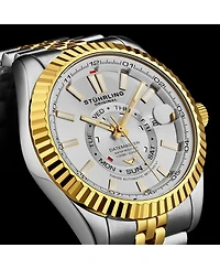 Stuhrling Datemaster Ii Men s Swiss Automatic 42mm Two-Tone Stainless Steel Watch, Silver Dial, Fluted Bezel, Day & Date, 100M Water Resistant