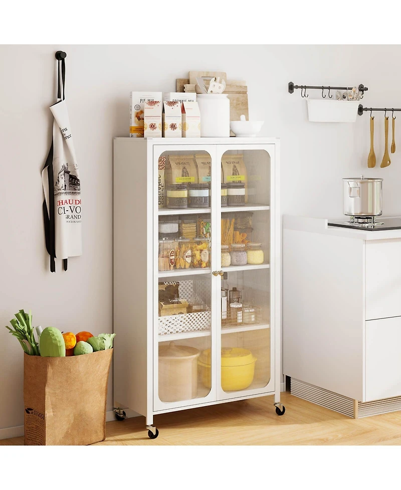 Costway Storage Cabinet with Wheels & 2 Translucent Doors Adjustable Shelves Sideboard