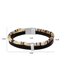 Lucky Brand Mens Layered Bracelet with Wood Beads and Leather Strap
