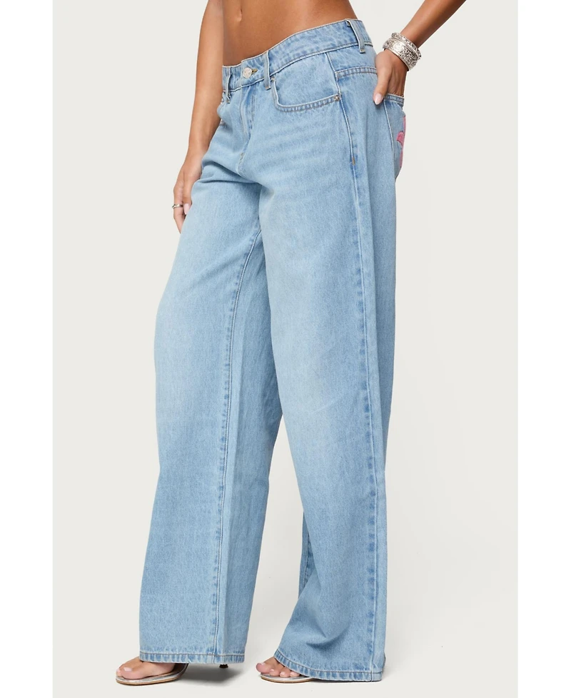 Edikted Women's Mirra Embroidered Flower Low Rise Jeans