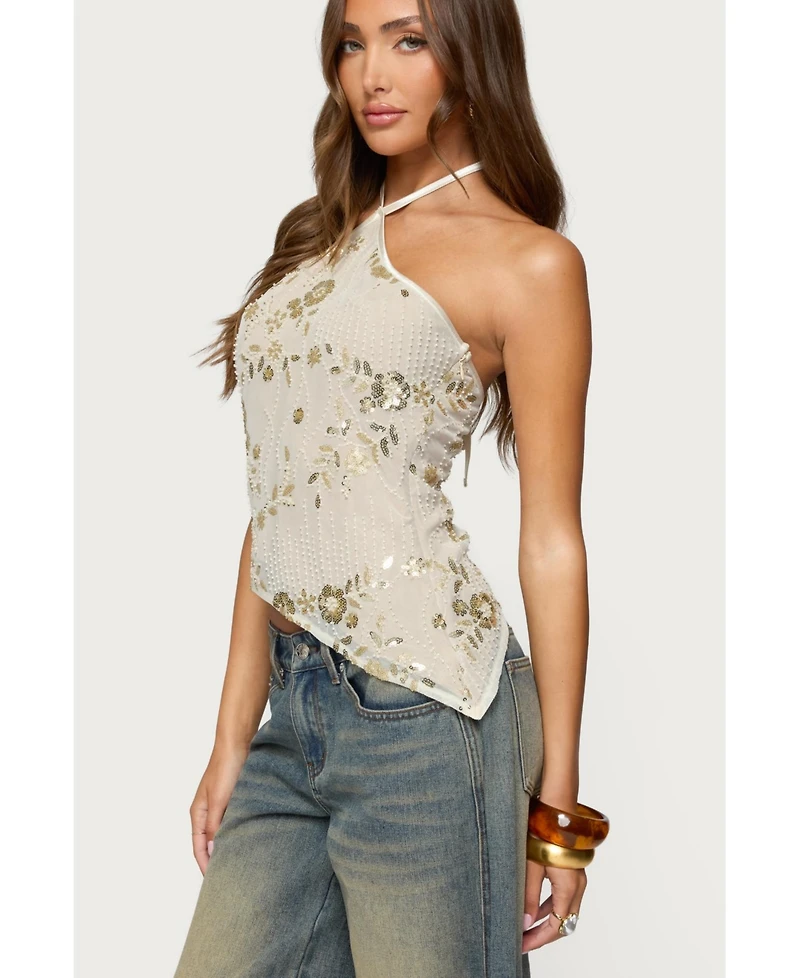 Edikted Womens Beaded Sequin Asymmetric Halter Top