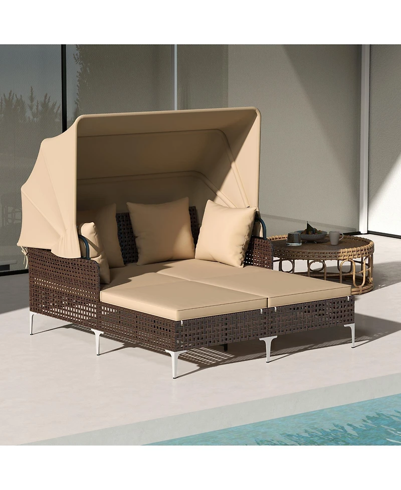 Gymax Outdoor Daybed w/ Retractable Canopy Pe Wicker Rattan Patio Double Chaise Lounger