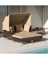 Gymax Outdoor Daybed w/ Retractable Canopy Pe Wicker Rattan Patio Double Chaise Lounger