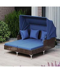 Gymax Outdoor Daybed w/ Retractable Canopy Pe Wicker Rattan Patio Double Chaise Lounger