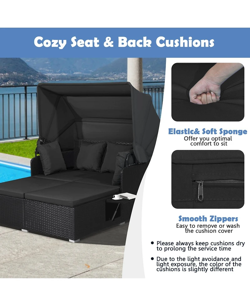 Gymax Patio Rattan Daybed Lounge Retractable Top Canopy Side Tables Cushions Outdoor