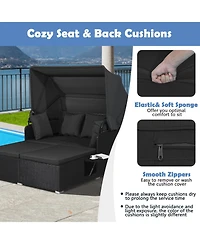Gymax Patio Rattan Daybed Lounge Retractable Top Canopy Side Tables Cushions Outdoor
