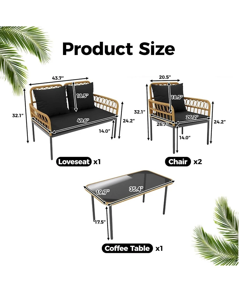 4 Pieces Patio Furniture Sets Wicker Outdoor Patio Table and Chairs Set with Glass Side Table, Loveseat Chairs, Boho Rattan Conversation Sets for Bist