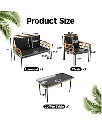 4 Pieces Patio Furniture Sets Wicker Outdoor Patio Table and Chairs Set with Glass Side Table, Loveseat Chairs, Boho Rattan Conversation Sets for Bist