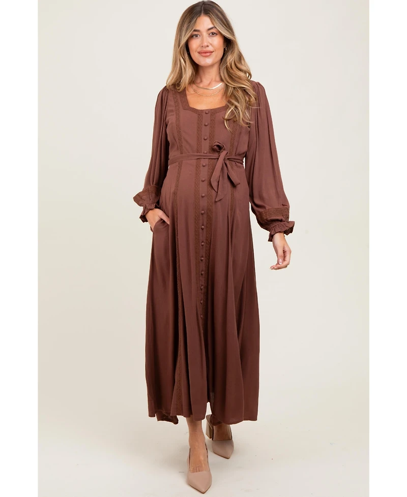 Pinkblush Brown Lace Detail Button Down Maternity Maxi Dress