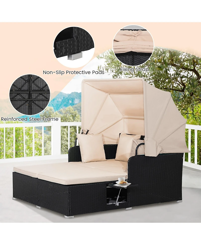 Gymax Patio Rattan Daybed Lounge Retractable Top Canopy Side Tables Cushions