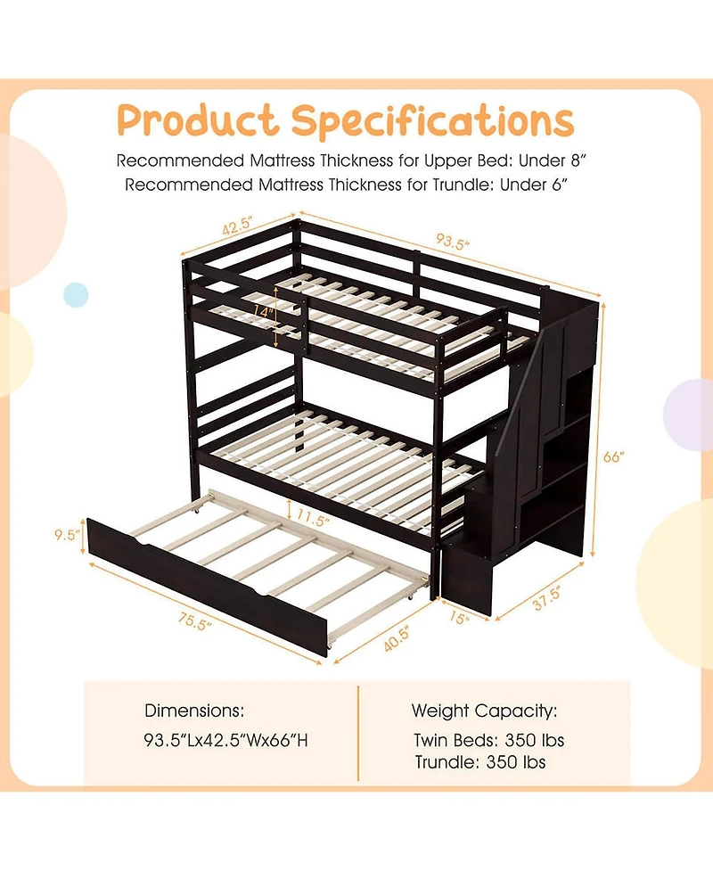 Gymax Twin over Wooden Bunk Bed w/ Trundle Storage Stairs Convertible