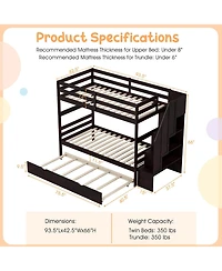 Gymax Twin over Wooden Bunk Bed w/ Trundle Storage Stairs Convertible