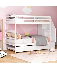 Gymax Twin over Wooden Bunk Bed w/ Trundle Storage Stairs Convertible