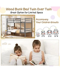 Gymax Twin Over Twin Wood Bunk Beds W/Ladder & Safety Rail Pine Wood Bunk Bed