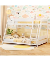 Gymax Twin Over Full Low Bunk Bed Solid Wooden Floor w/ Reversible Ladder White