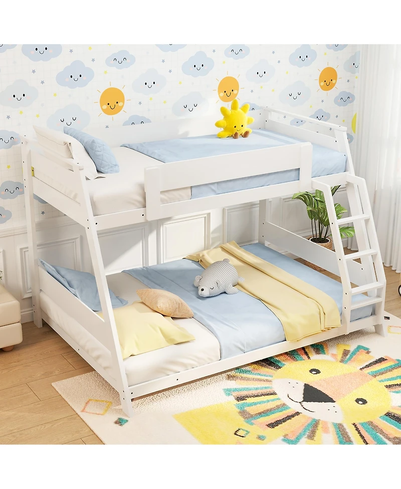 Gymax Twin Over Full Low Bunk Bed Solid Wooden Floor w/ Reversible Ladder White