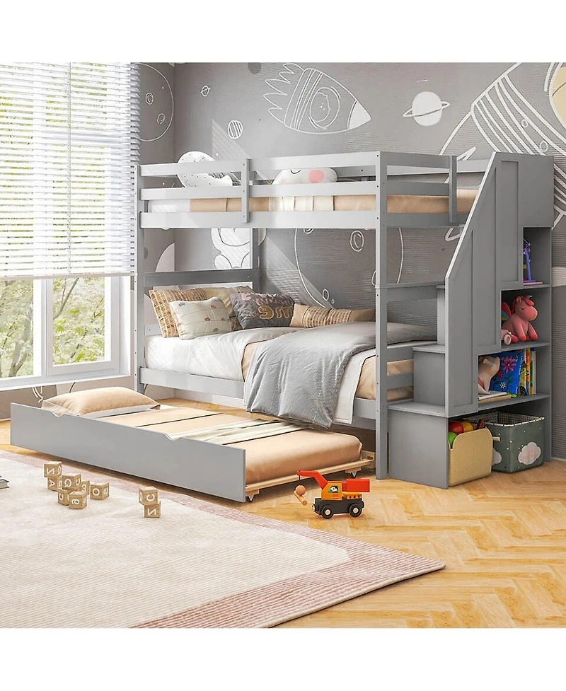 Gymax Twin over Wooden Bunk Bed w/ Trundle Storage Stairs Convertible