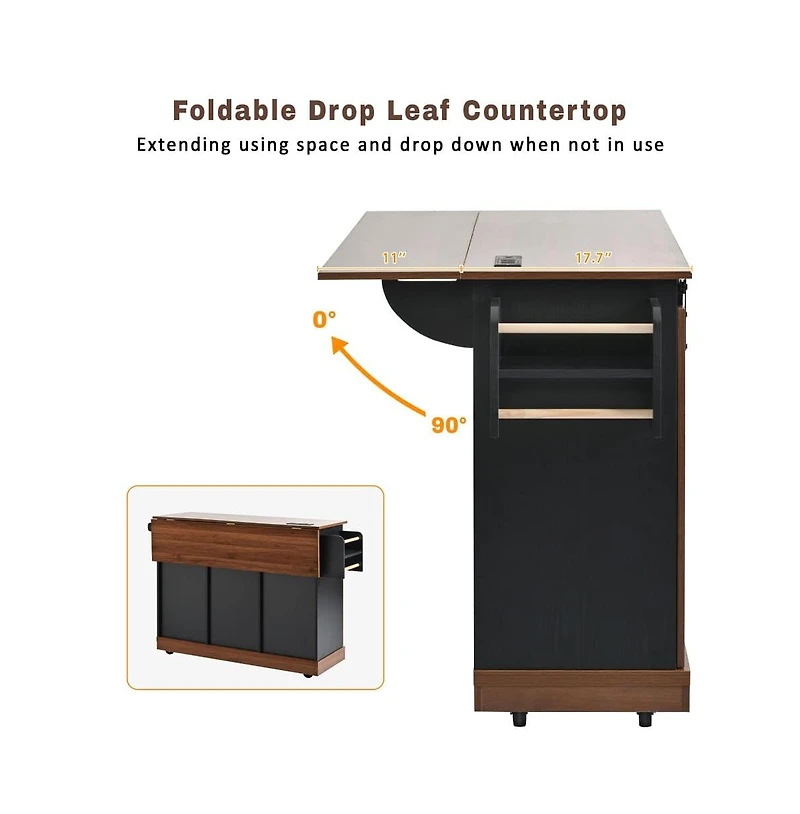 Maison Boucle 55.5" Farmhouse Kitchen Island with Drop Leaf, Barn Door, Power Outlet & Storage Drawers, Rolling Cart on Wheels-Maison