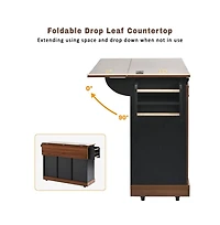 Maison Boucle 55.5" Farmhouse Kitchen Island with Drop Leaf, Barn Door, Power Outlet & Storage Drawers, Rolling Cart on Wheels-Maison