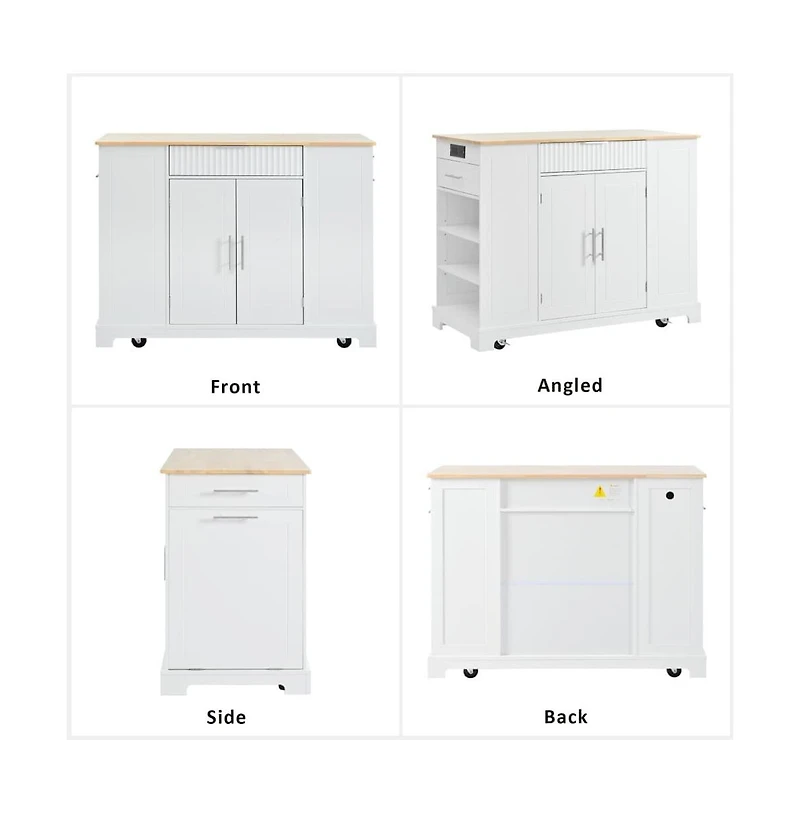 Rolling Kitchen Island with Trash Bin Cabinet, Power Outlet, 3 Drawers, Side Spice Racks, Solid Wood Top, Lockable Wheels-Maison Boucle