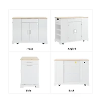 Rolling Kitchen Island with Trash Bin Cabinet, Power Outlet, 3 Drawers, Side Spice Racks, Solid Wood Top, Lockable Wheels-Maison Boucle