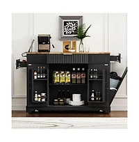 Rolling Kitchen Island with Trash Bin Cabinet, Power Outlet, 3 Drawers, Side Spice Racks, Solid Wood Top, Lockable Wheels-Maison Boucle