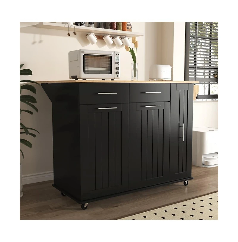 46" Kitchen Island with Drop Leaf, 3-Tier Pull-Out Organizer & Hidden Door Racks, Rolling Cart Rubberwood Top-Maison Boucle