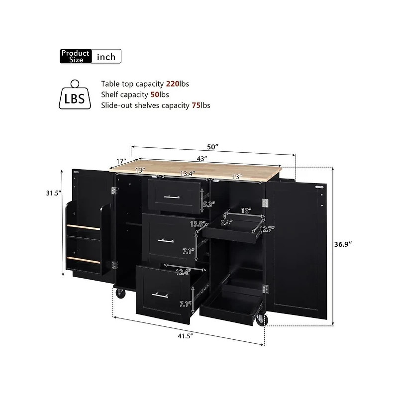 Maison Boucle 50" Rolling Kitchen Island with Rubber Wood Top, Slide-Out Shelves, 3 Drawers & Internal Storage Racks-Maison
